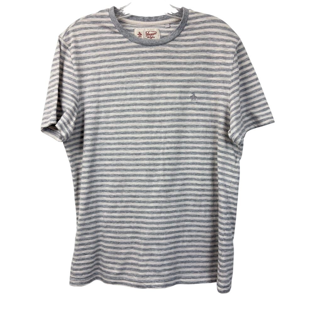Penguin by Munsingwear Men's gray white striped short sleeve T shirt with logo